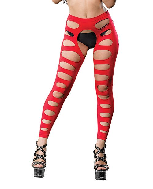 Beverly Hills Naughty Girl Crotchless Leggings w/Varigated Holes Red O/S - BH69574SD-RD-OS-809565038233-Plezzure-Hosiery & Garter Belts