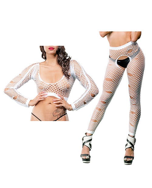 Beverly Hills Naughty Girl Crotchless Mixed Hole Leggings White O/S - BH69578SD-WH-OS-809565038295-Plezzure-Hosiery & Garter Belts