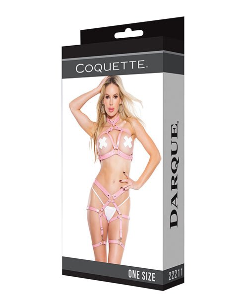 Darque PVC Harness Open Cup Halter Top & Garter Leg Bands Pink OS - CDQ22211-PK-OS-883124182636-Plezzure-Crotchless & Open Cup