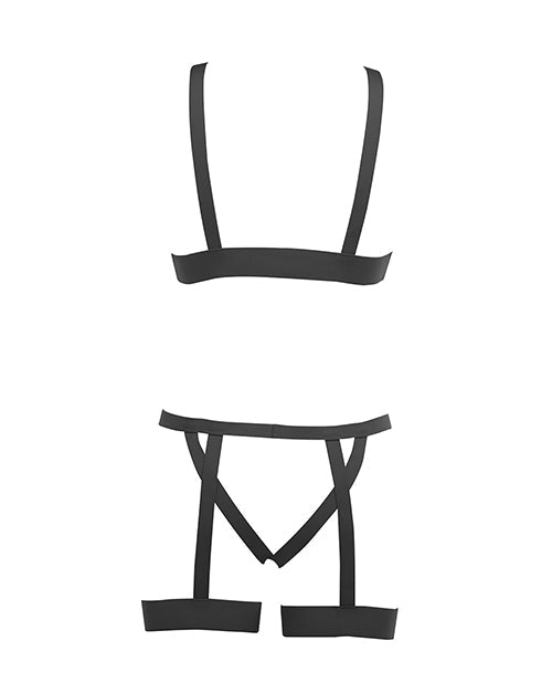 Kitten Teaser Strappy Open Cup Bra & Open Panty w/Leg Straps Black O/S - AK120063-BK-OS-883045920140-Plezzure-Crotchless & Open Cup